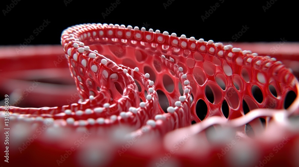 Poster close-up of a red, intricate 3d structure against a black background. concepts, presentation use