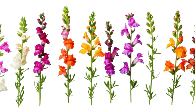 Colorful snapdragon flowers blooming on transparent background