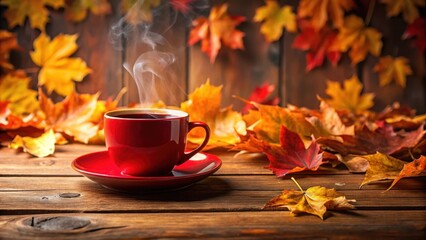A steaming red cup filled with rich black coffee sits atop a wooden table, surrounded by warm lighting and autumnal leaves, fall decor, autumn leaves