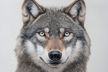 Fototapeta premium A close-up portrait of a wolf, showcasing its detailed fur, piercing eyes, and strong facial features, evoking a sense of wild beauty and majesty.