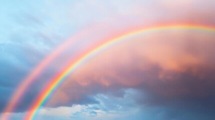 A vibrant rainbow arches across a sky filled with soft clouds, illuminated by warm hues, creating a serene and enchanting atmosphere.