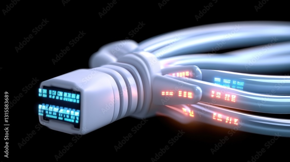 Poster close-up of glowing network cables showing connection; futuristic design element; isolated on black
