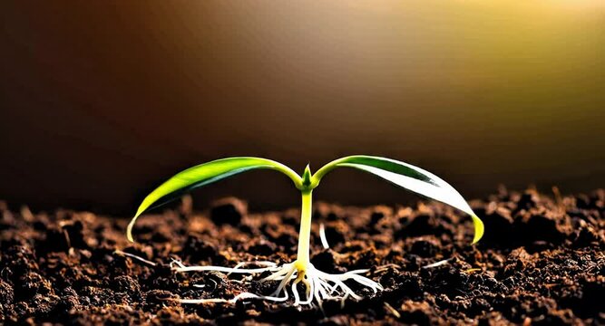 Green plant growing in soil with new leaves and the root spreading, new life concept, baby plant sapling growing from seed in soil with sunlight time-lapse video, plant life from birth
