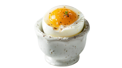 Soft boiled egg sprinkled with black pepper and thyme in egg cup on transparent background
