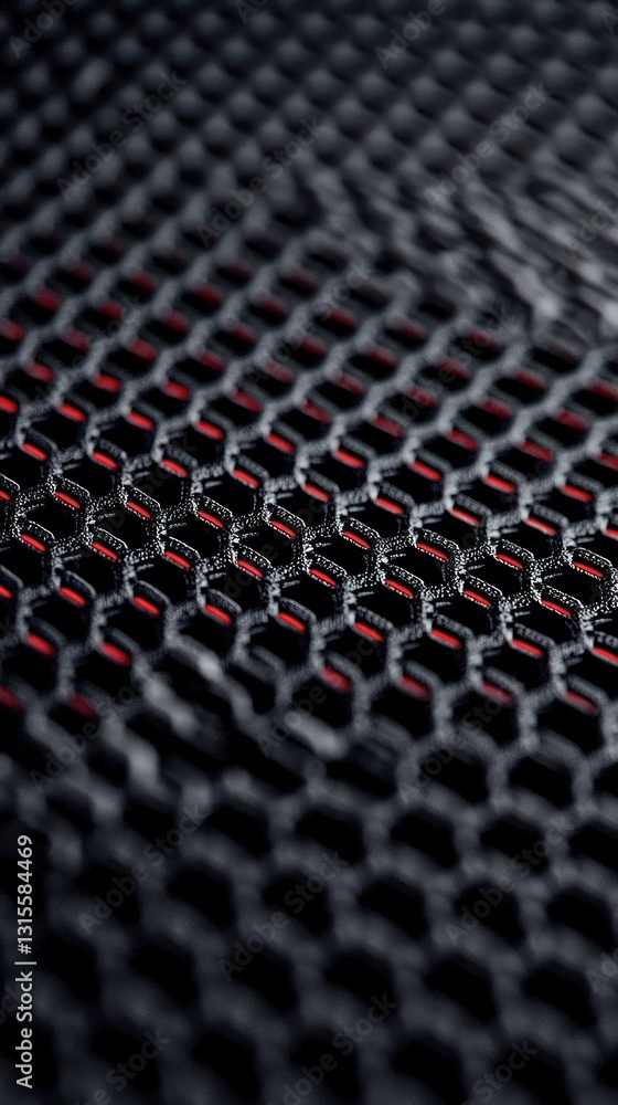 Poster close-up on a dark metallic mesh with red accents, use as background texture for tech