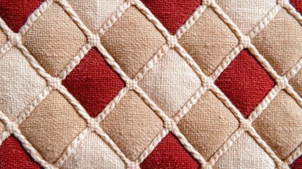 Fototapeta premium Close-up on a quilt pattern featuring red and tan squares. Warm, cozy, and rustic background