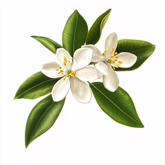 Fototapeta premium Beautiful citrus flower with glossy green leaves highlighting natural elegance on an unblemished white background