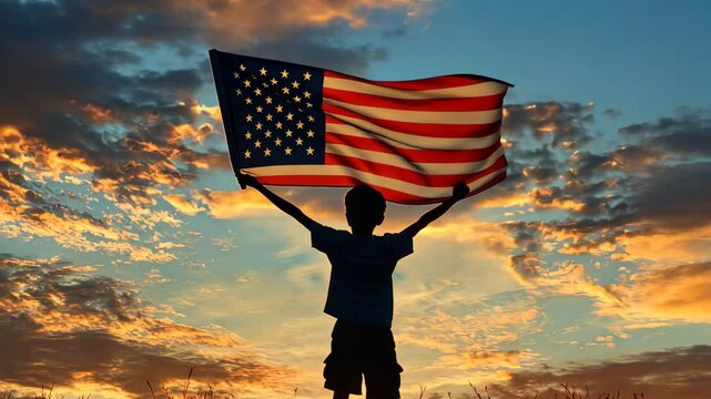 Boy silhouette raising large American flag against a vibrant sky at sunset, Boy silhouette holding large American flag, sky background, imaginative