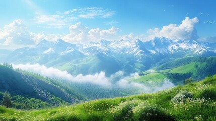 Fototapeta premium Majestic snow capped mountains rise above lush green hills under a clear sky with fluffy clouds during a tranquil morning