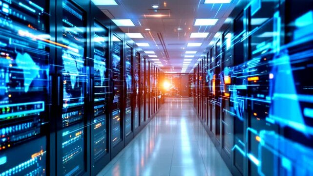Futuristic urban corridor with abstract blue background and binary code