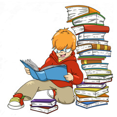 Niño con gafas sentado en el suelo leyendo, apoyado en una columna de libros.
