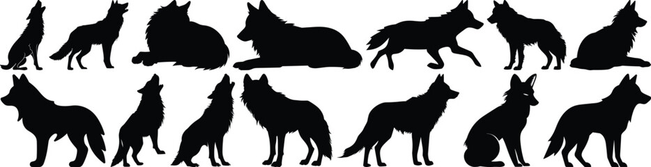 Wolf silhouettes set, animal pack of vector silhouette design, isolated background