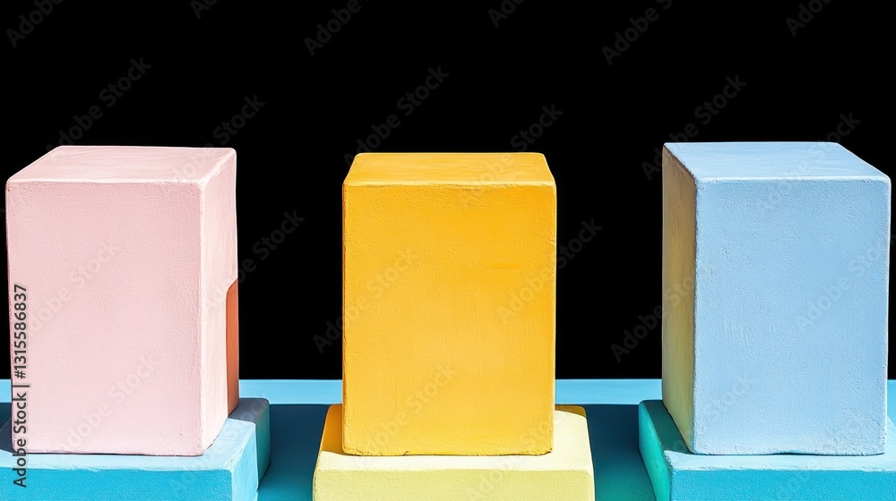 Poster colored geometric blocks on display against a black backdrop. abstract showcase or promotion