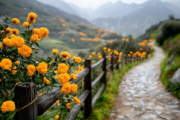 A vibrant orange tree growing near a rustic wooden fence, with the countryside stretching into the distance
