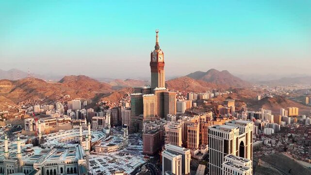 Aerial view Mecca skyline , Makkah city Saudi Arabia -  Makkah Clock Tower and hotels  - Masjid Al Haram 4k drone Video