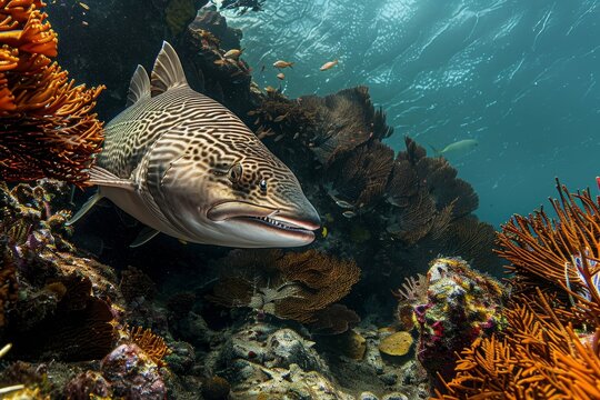 A striped grouper, an apex predator, hides amongst coral in a tropical reef, An apex predator of the marine ecosystem