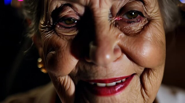 Intimate close-up of an elder woman highlighting the beauty of aging and emotional depth in a vibrant urban space