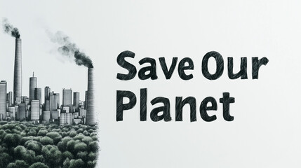 Illustrative environmental message urging to "Save Our Planet" with urban skyline and lush forest background emphasizing sustainability and climate awareness