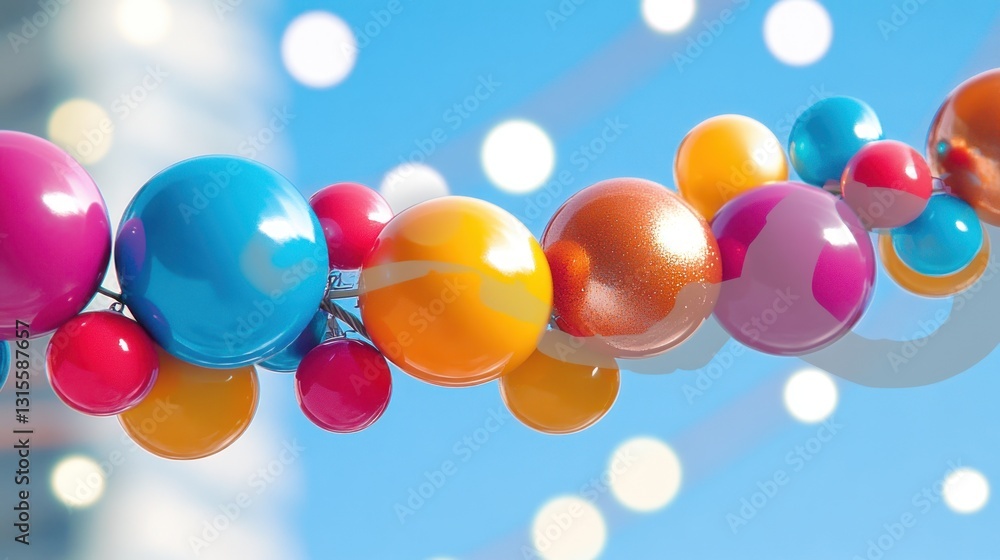 Poster colorful balls on a string floating mid-air against a bokeh background. modern design background