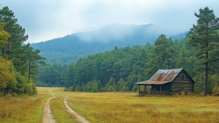 Rustic cabin nestled in misty forest
