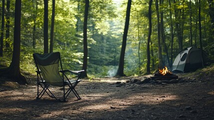 22.A camping chair positioned at a scenic campsite in the woods, nestled among trees, with a peaceful forest backdrop and a campfire nearby, evoking a calm and inviting outdoor atmosphere.