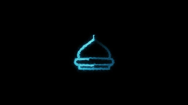 A glowing neon mosque icon pulsates with vibrant colors, creating a mesmerizing effect that captures attention. neon mousque icon on black background.