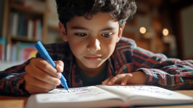 Young Hispanic Boy Signing a Friend’s Yearbook with a Bright Marker