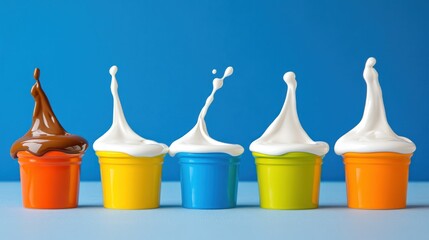 Colorful cups splash liquids on a plain surface for recipe books, or magazines