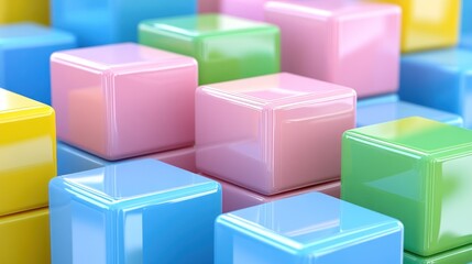 Obraz premium Colorful cubes arranged on a shiny surface for abstract design background, illustration, advertising