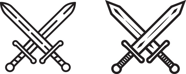 Crossed Swords Icon Set - Black and White Vector Illustration