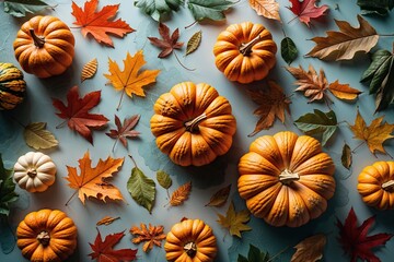 Fototapeta premium Autumn Table Decor with Warm Pumpkins and Colorful Leaves on a Stylish Surface