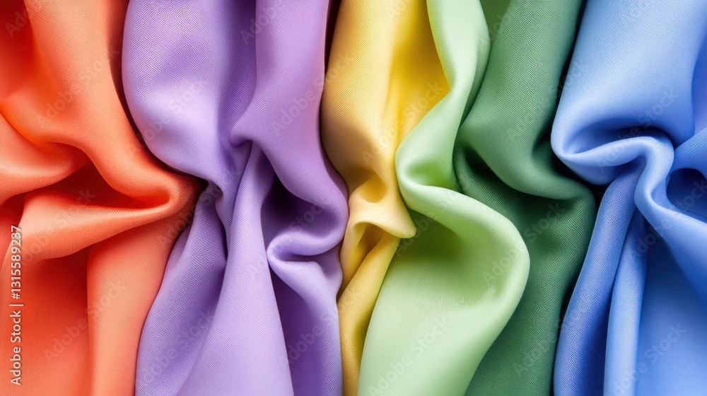 Poster colorful fabric swatches arranged in a rainbow pattern, ideal for background or design element use