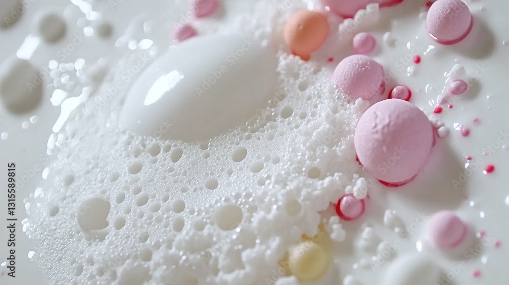 Poster colorful foam and fluid macro shot. abstract forms with bubble texture and shapes on white backgroun