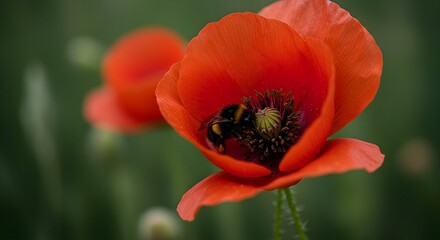 Fototapeta premium Bumblebee Gathering Pollen Inside a Vibrant Red Poppy Flower Close-up