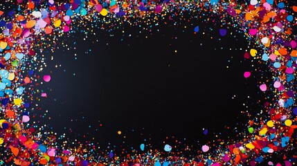 Colorful confetti border black background. Perfect for party invites or festive banners. Celebration design. AI generated