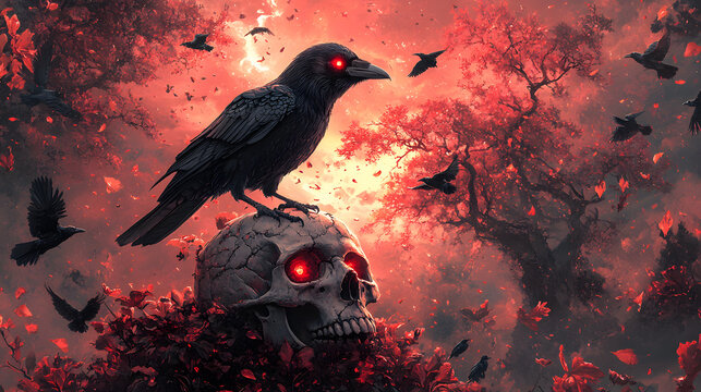 A dramatic fantasy artwork featuring a sinister black raven perched on a cracked skull with glowing red eyes