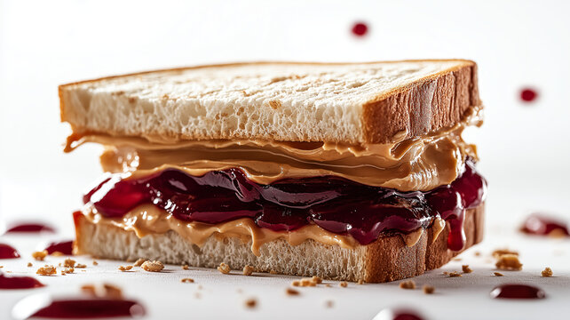 A peanut butter and fig jam sandwich on whole grain bread, isolated on a matte white background for a healthy, clean aesthetic