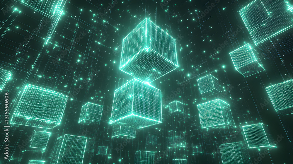 Wall mural a high-tech, futuristic digital representation of interconnected cyber cubes floating in a virtual e