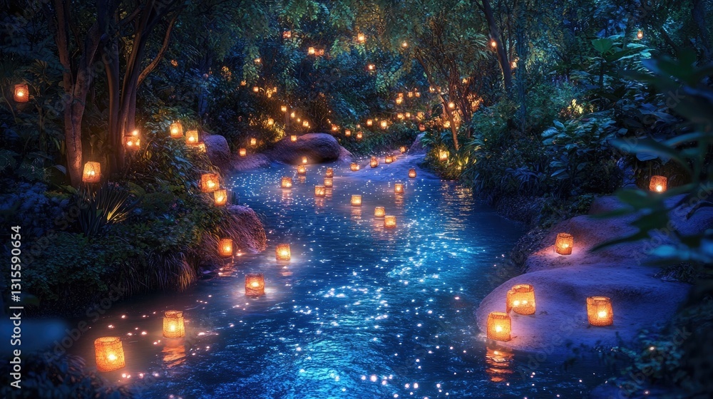 Poster enchanted night by a stream with floating lanterns and sparkling water reflections in a lush green f