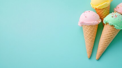 Colorful ice cream cones on a blue background. Food photography, dessert illustration