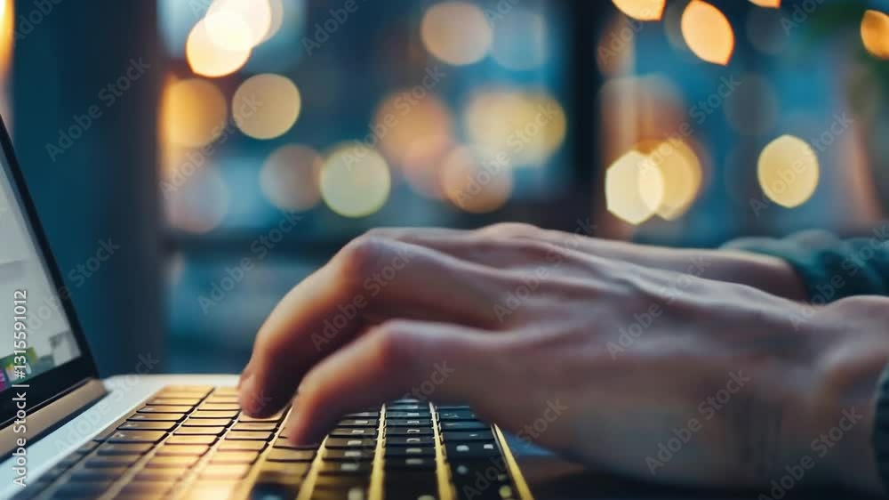 Poster typing on laptop keyboard with hands in focus against blurred city lights dynamic and technology dri