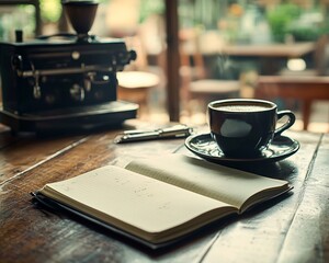 Coffee shop table with notebook and espresso machine, cozy atmosphere