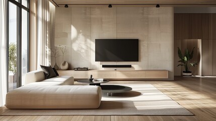 TV lounge interior design in home with LED hanging on wall