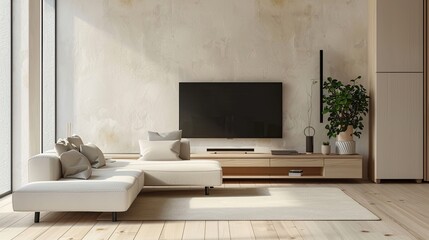 TV lounge interior design in home with LED hanging on wall