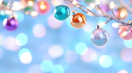 Colorful ornaments with festive lights against a bokeh background for holiday season promotional materials