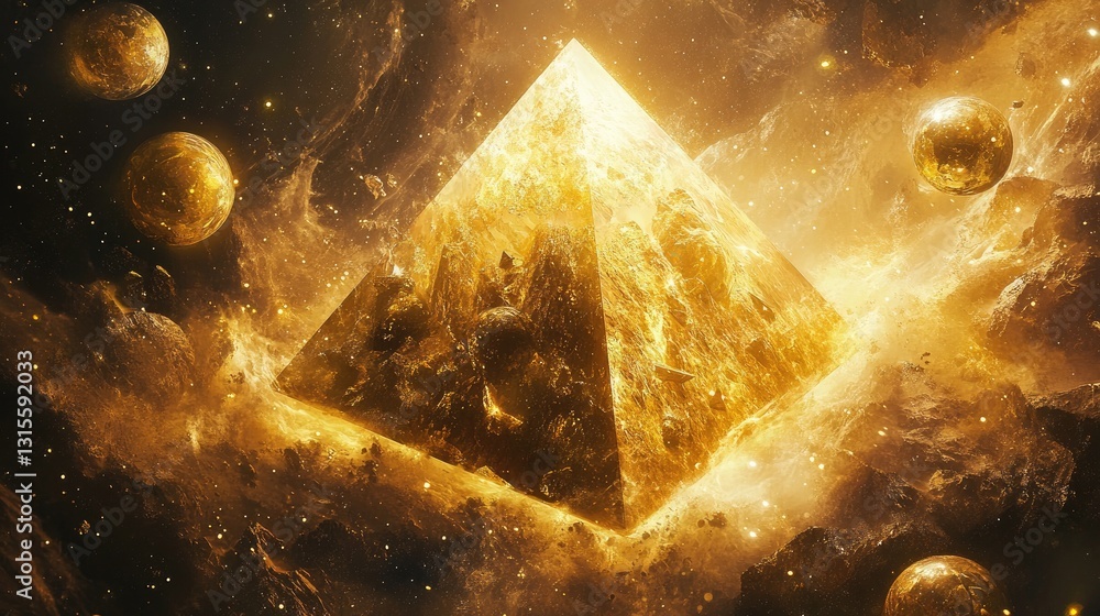 Poster golden pyramid surrounded by mystical space elements and celestial bodies in an ethereal cosmic sett