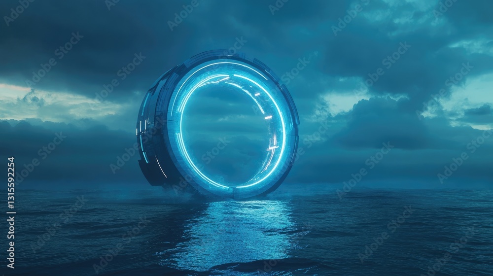 Poster Futuristic glowing ring structure hovering above ocean waters during a moody twilight backdrop with dramatic clouds
