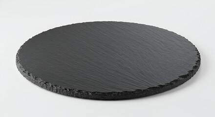 Natural black stone Round slate plate black slate stone,board, tableware, crockery, shale, eatery, closeup, dish, space. isolated white  background