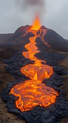 A fiery volcano is erupting hot lava down its sloping side