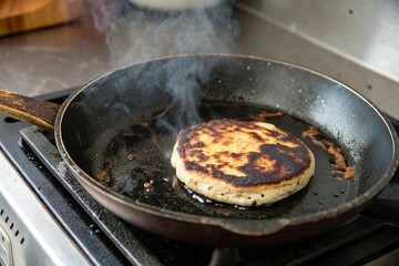 Burnt overcook pancake in frying pan. Cooking failure and kitchen mistake
